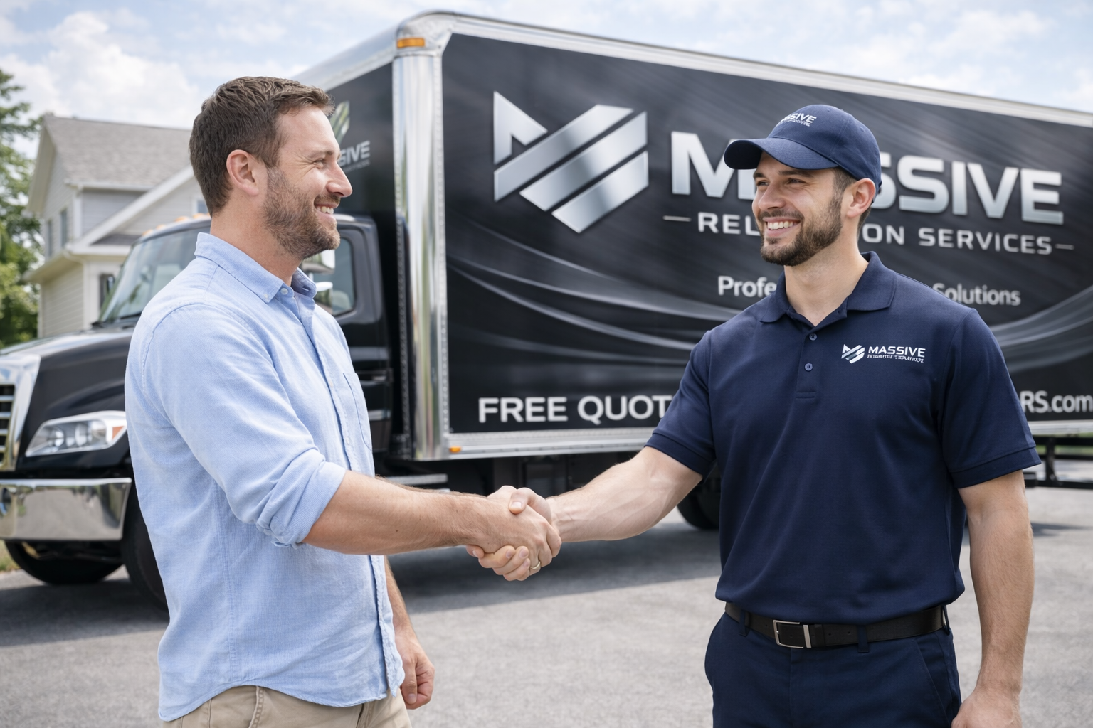 Massive Relocation Services mover greeting a satisfied customer