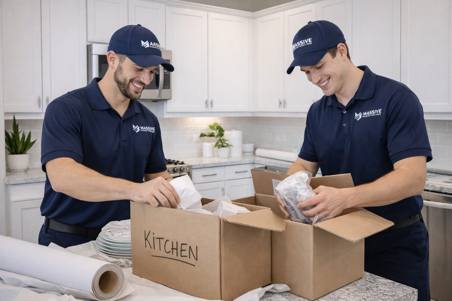 Massive Relocation Services team carefully packing kitchen items
